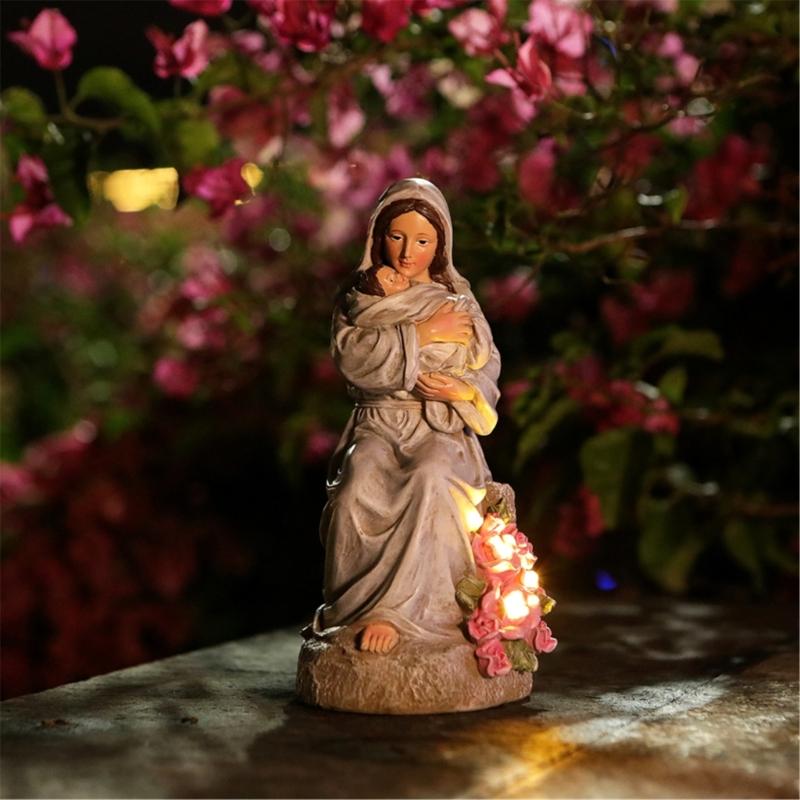 Artistic Religious Mother Son Statue Resins Figurine with LED Light Nursery Decors Mother Day Present For New Mom