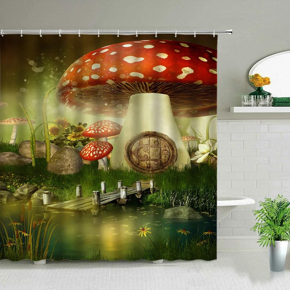 Beautiful Wing Elves Girl Shower Curtain Fantasy Enchanted Forest Bathroom Decor Deer Mushroom Flower Backdrop Hanging Curtains
