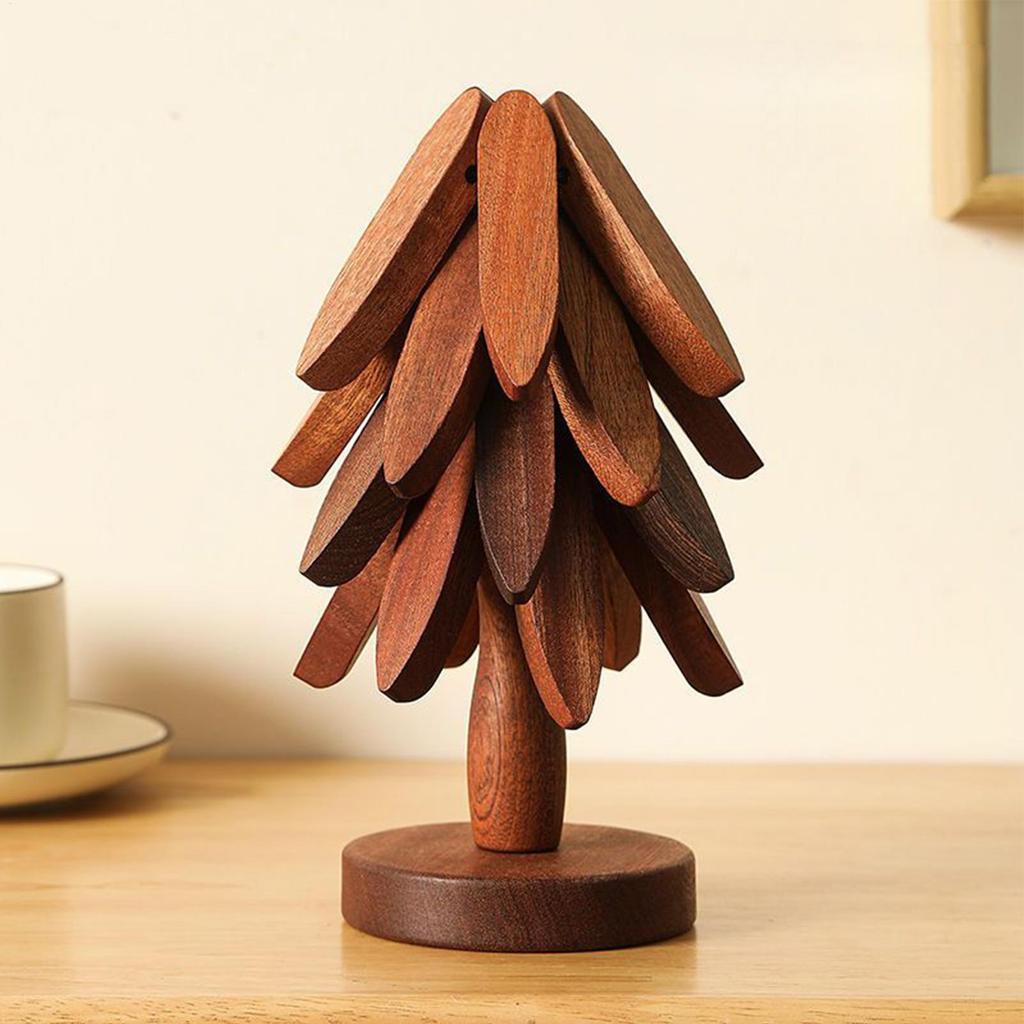 Non-Slip Cup Coaster Set Creative Wooden Christmas Tree Shaped Trivet Insulation Coaster 4pcs Foldable Kitchen Placemat