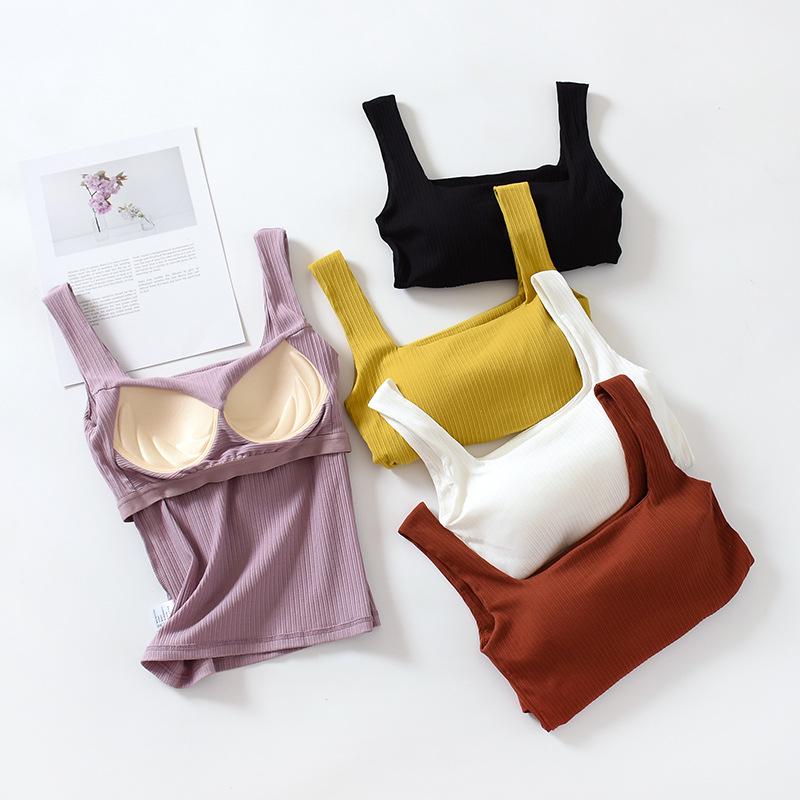 Women's Square Neck Padded Vest: Cotton, One-Shoulder Summer Top, No Steel Ring Straps.