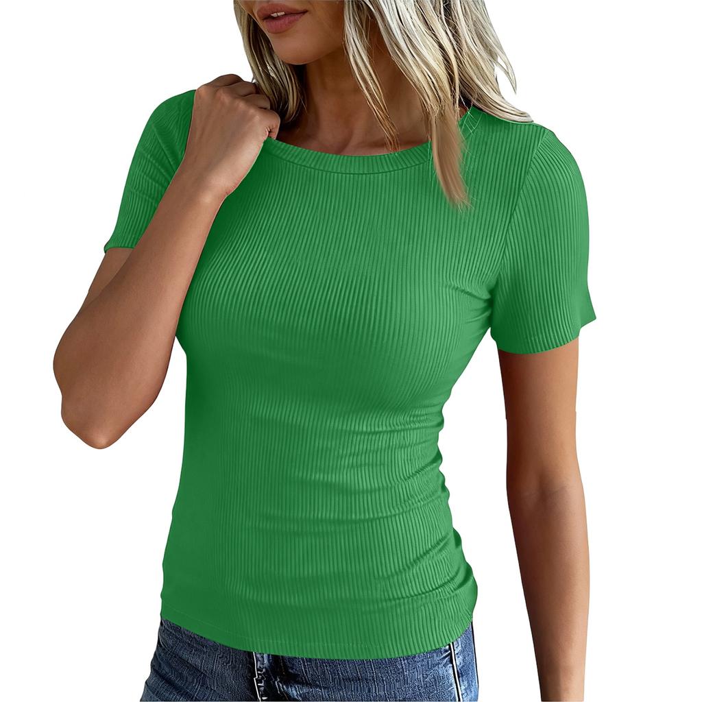 Ladies Slim Bottom T-shirt Fashion Casual Colour Round Neck Pullover Short Sleeve Top