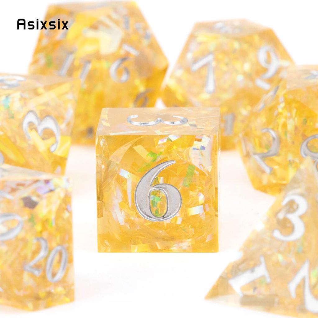 7 Stück gelbe Harz-weiße Zahlenwürfel mit scharfen Kanten, polyedrische Würfel, geeignet für Rollenspiele, RPG-Brettspiele