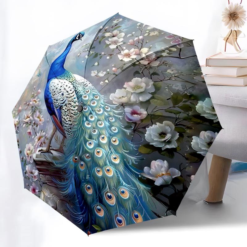 1pc Peacock, feathers pattern Umbrella Portable Folding Umbrella Iron Frame Hole Bone Structure Outdoor Home Umbrella