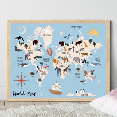 Kids Animal World Map Print Nursery Poster Modern Wall Art Canvas Painting Picture for Playroom Baby Room Home Decoration Gift