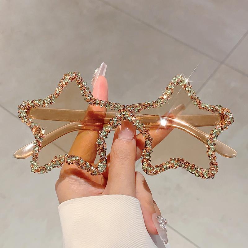 Chic Stars Design Pink Shades Women Rhinestone Shiny Trends Decor Sun Glasses New Ins Brand Holiday Beach Sunglasses