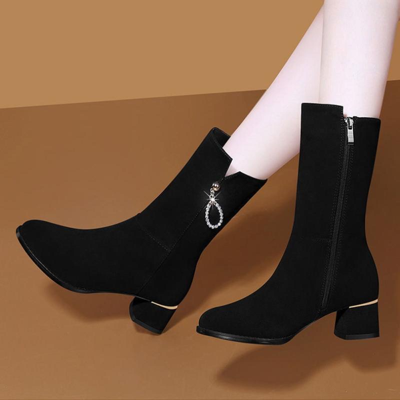 Black Middle Heel Rhinestone Ladies Mid Calf Shoes Autumn Winter Fleece-Lined Hot Fashion 2025 On Offer Women's Half High Boots