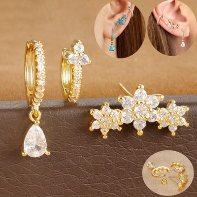 3PCS Gold Filled Flower Pendant Hoop Earrings Set for Women Stainless Steel Helix Rook Conch Tragus Stud Earring Fashion Jewelry