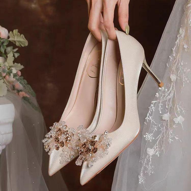 Temperament Chinese Xiuhe Bridal Wedding Shoes Thin Heel Thick Heel Toast High Heels High Heels Thick Heel Wedding Dress Single Shoes