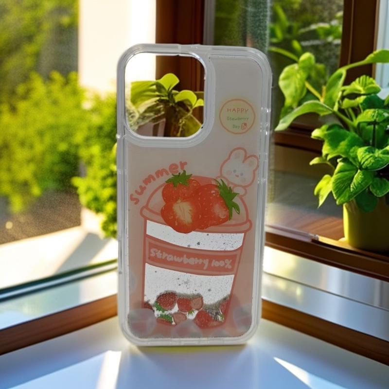 Strawberry Cartoon Quicksand Drop-Proof Phone Case for iPhone 17 Air, 16 Pro Max, 15, 14. 16 Pro Max земляничный