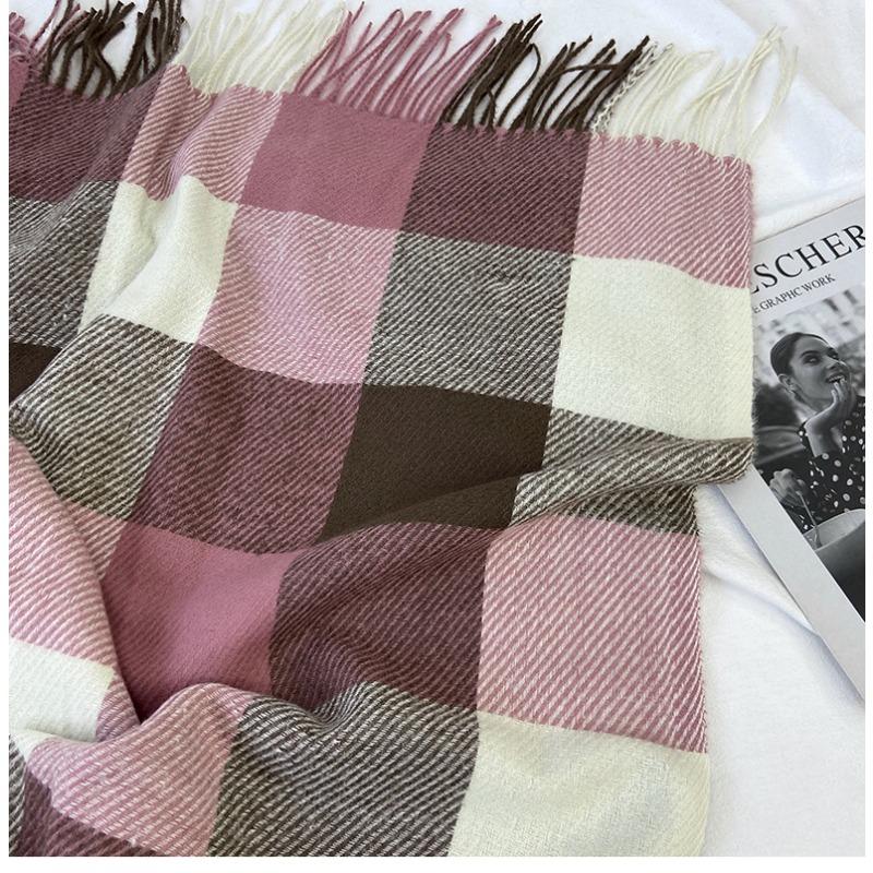 Geometric Plaid Scarf - Windproof Warm Winter Scarf with Fringe Edges, Unisex Elegant Casual Scarf for Women Fall Winter Fashion Accessory