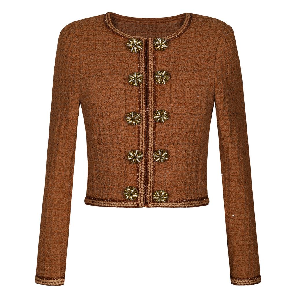 High-end quality spot spring and autumn new knitted Internet celebrity flower long-sleeved top jacket + trousers suit women 25252