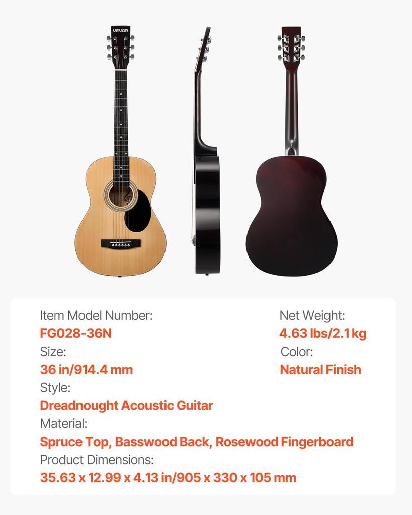 36 In Dreadnought Acoustic Guitar Natural Beginner Bundle Gig Bag for Teen