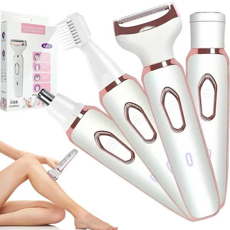 4 In 1 Electric Hair Removal Device Painless Epilator For Face Nose Legs and Underarm Bikini Trimmer for Women Wet & Dry