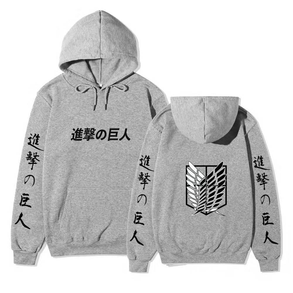Attack on Titan Unisex Fleece Hoodie Front Japanese Text, Back Wings of Freedom Logo Autumn Winter Casual Pullover