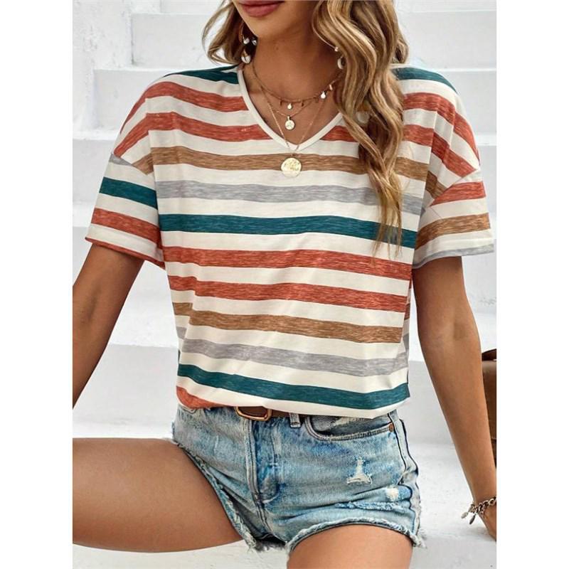 

Женская повседневная футболка с V-образным вырезом и цветными блоками в полоску - Универсальный модный топ 2023 Extra Large