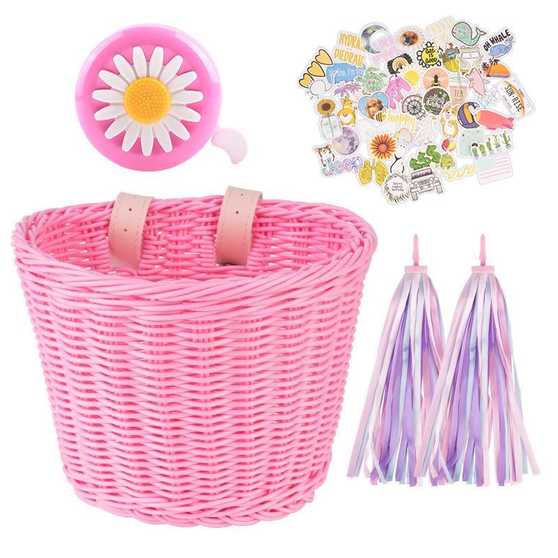 Children's Retro Rattan Bike Basket with Bell, Stickers, and Handlebar Tassels - Bicycle Accessories