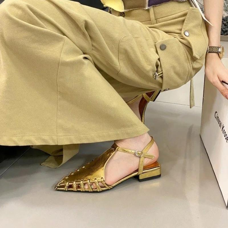 Women's Flat Sandals Pointed Toe Weaving Hollow Leaking Heel Shoes Women Daily Summer French DressTemperament Designer Sandals