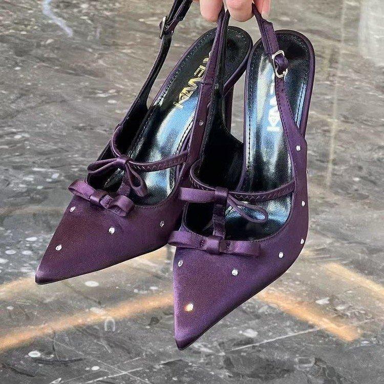 

[Youshilai] Black temperament socialite high heels women s 2025 pointed bow light mouth stiletto single shoes 42