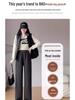 Women's High-Waist Woolen Pants - Fleece Lined, Wide-Leg, Slim Fit, Herringbone Pattern - Plus Size, Autumn/Winter 2024