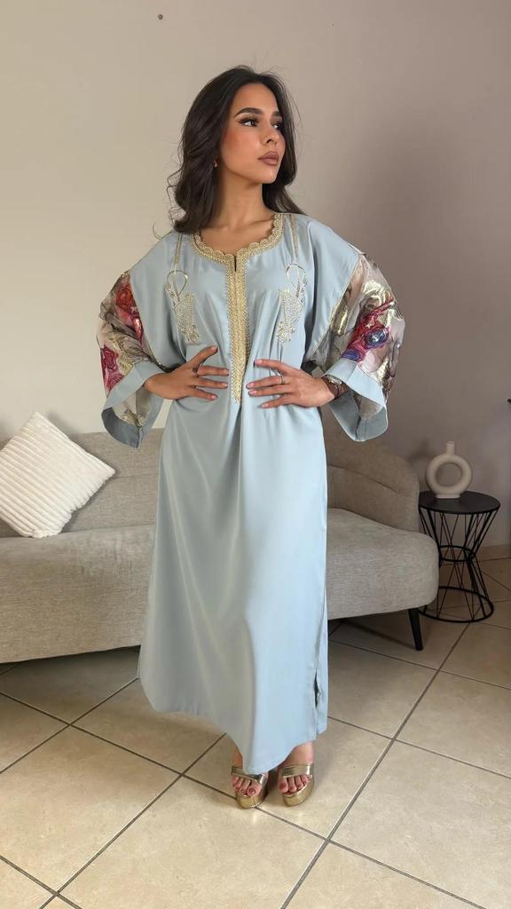 Moroccan Oriental Dress In Sky Blue with Golden Embroidery - Traditional Jellaba for Weddings, Special Occasions, and Ceremonies