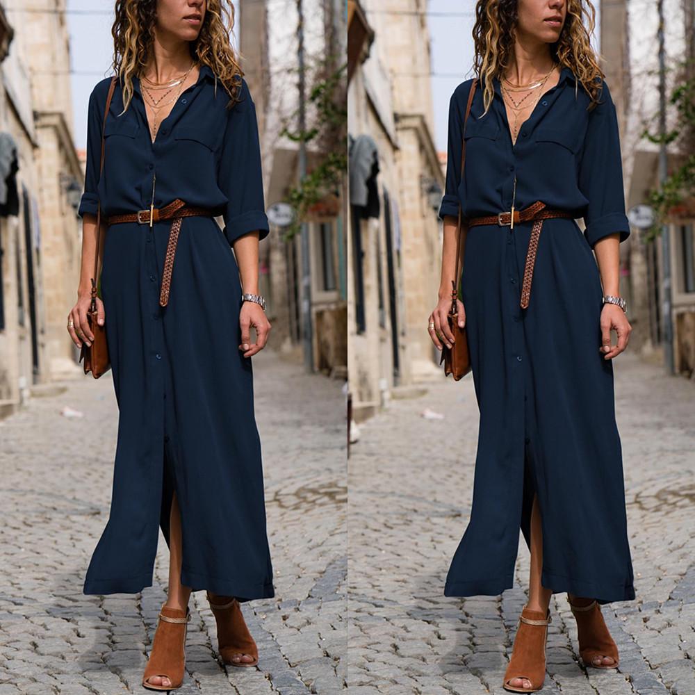 Womens V Neck Long Sleeve Shirt Maxi Dress Ladies Casual Button Long Split  Dress – buy at low prices in the Joom online store
