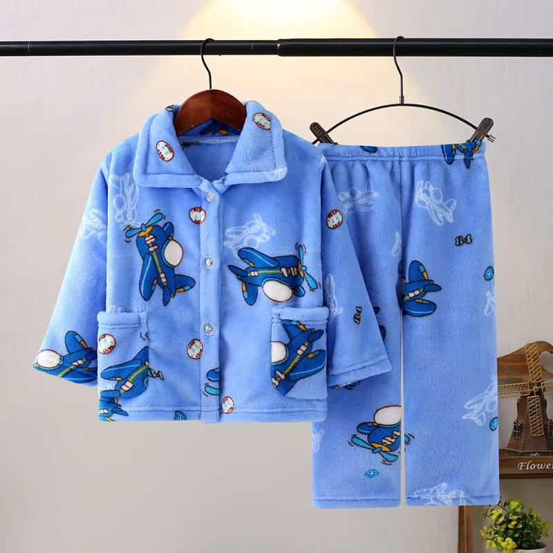 Kids' Flannel Pajama Set - Thick Coral Fleece Cardigan for Boys & Girls, Perfect for Autumn & Winter.