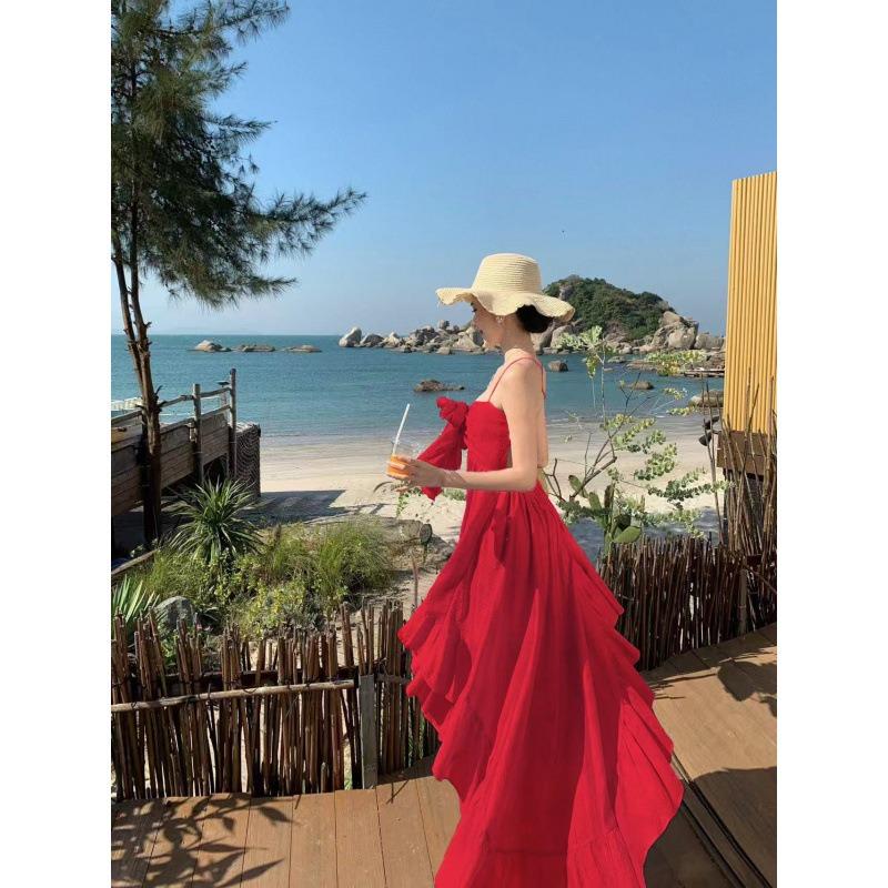 Irregular Ruffle Leaf Edge Halter Suspender Shiny Dress Seaside Vacation Super Fairy Beach Dress