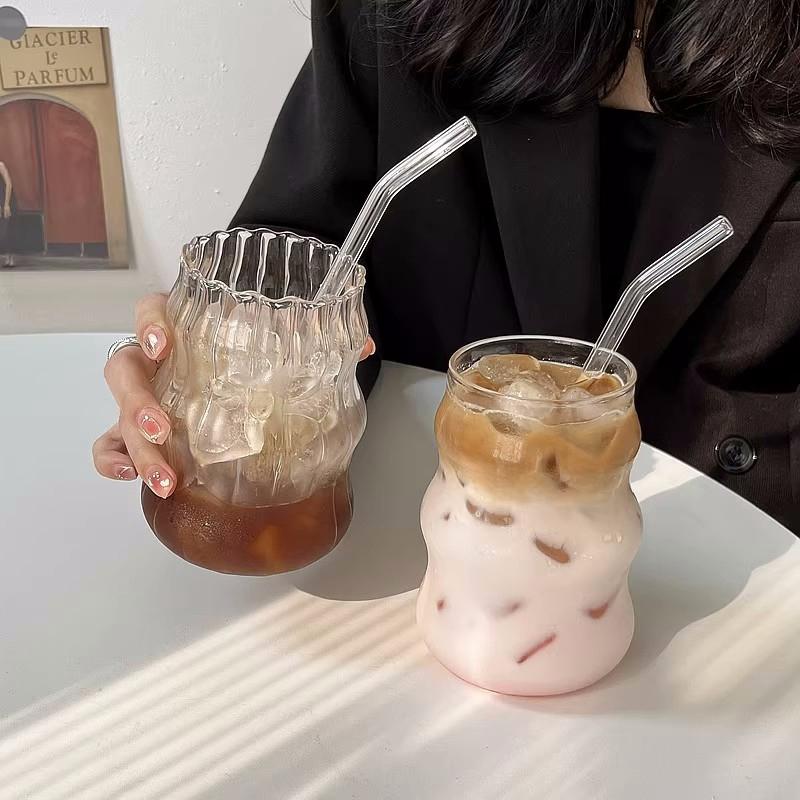 Glass Cups Cold Iced Coffee Mug Transparent Drinking Glasses Coffee Mug Cute Glass Cups Desk Accessorie Aesthetic Cocktail Cup
