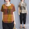 Summer Female Vintage Plaid Printed T-shirt Casual Women's Clothing Fashion All-match Pockets Spliced Short Sleeve Tops
