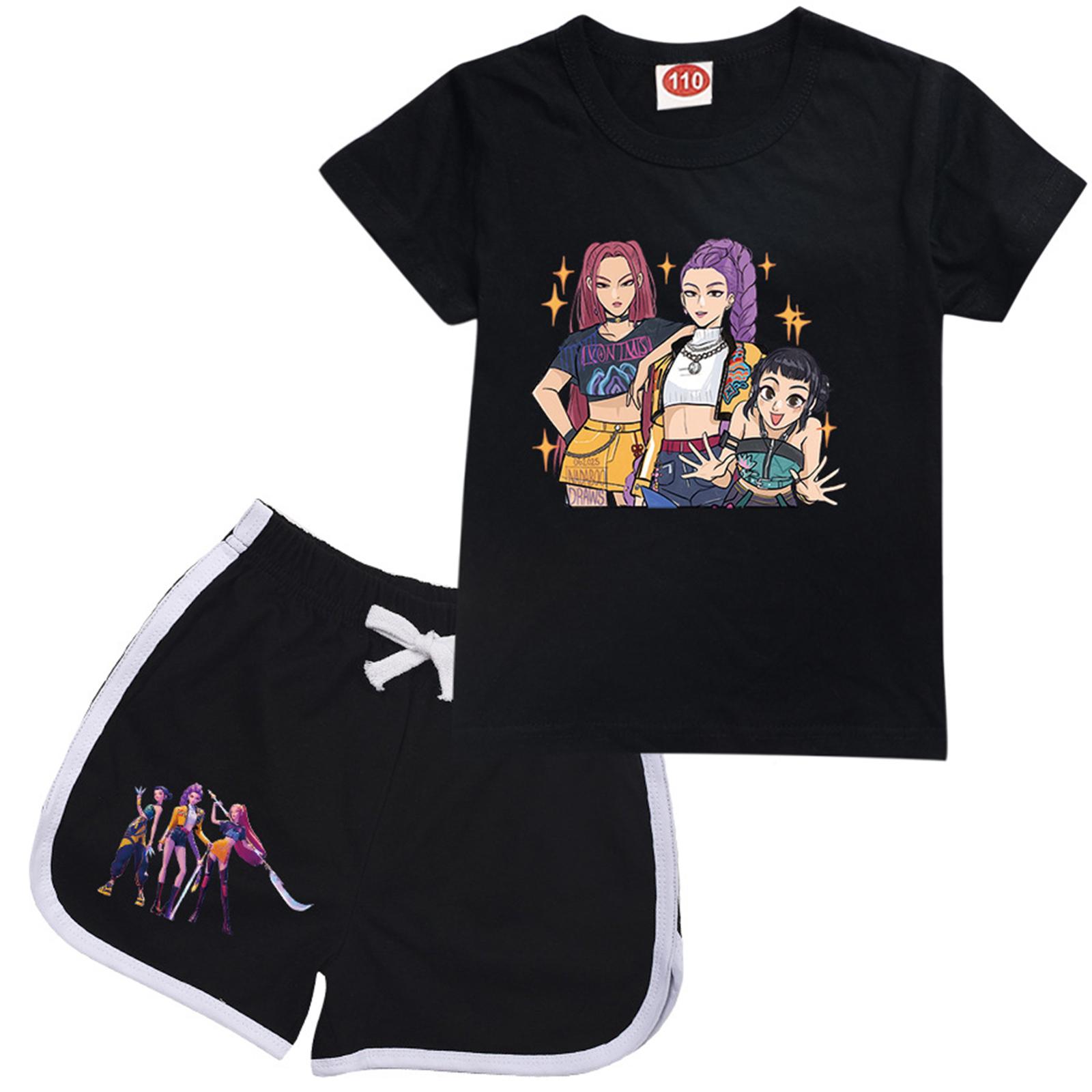 

Kids Summer Sport T-Shirt And Shorts 2 Piece Outfit Tracksuit Set Short Sleeve Print Crop Tops With Clothing Set 100 чёрный