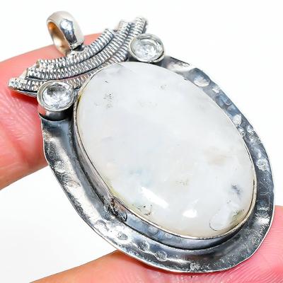 Natural Rainbow Moonstone, Topaz Gemstone 925 Sterling Silver Pendant 2.09" t8I18