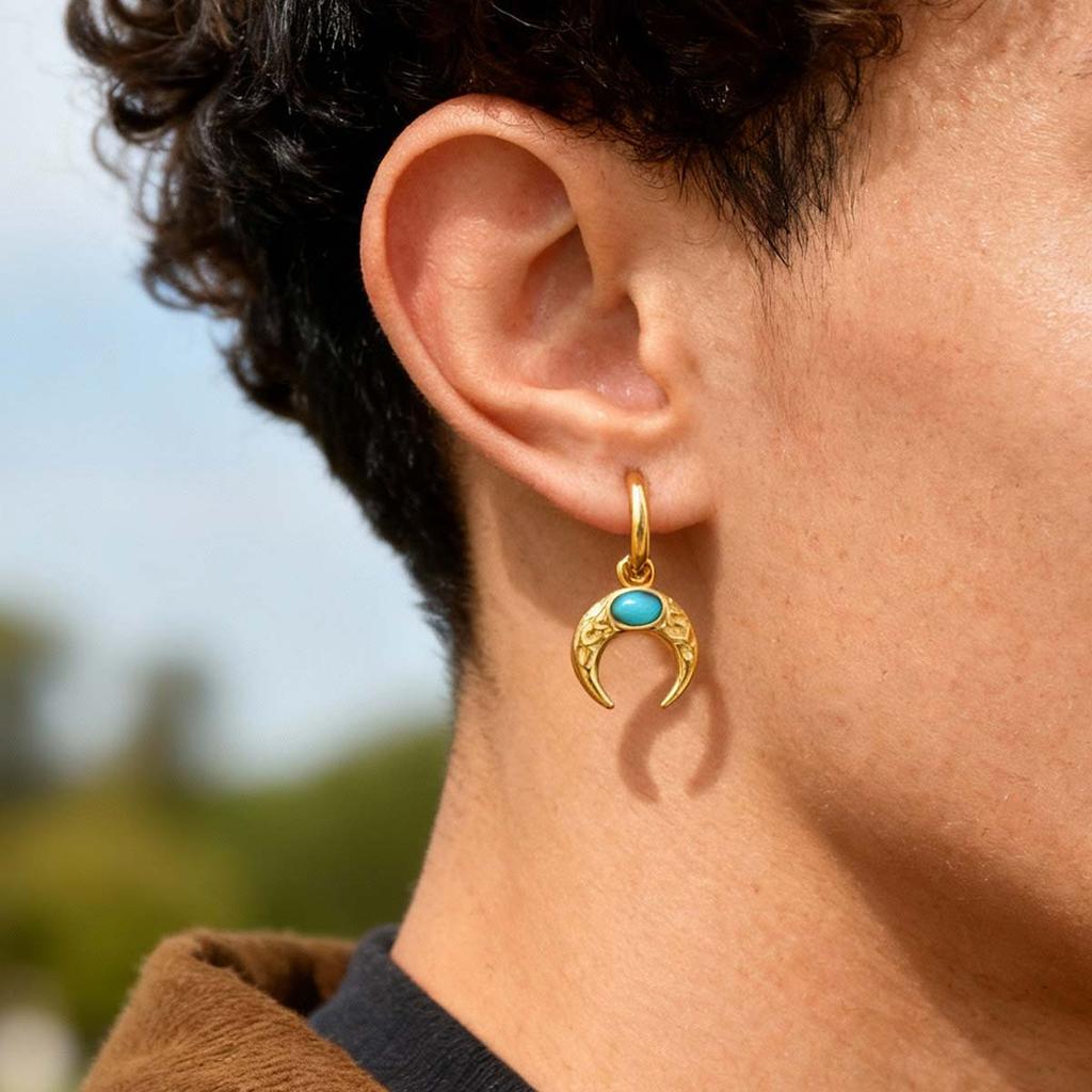 Vnox Vintage Stainless Steel Moon Earrings for Women Men, Unisex Dangle Charm Earrings with Natural Turquoise Stone Ear Jewelry