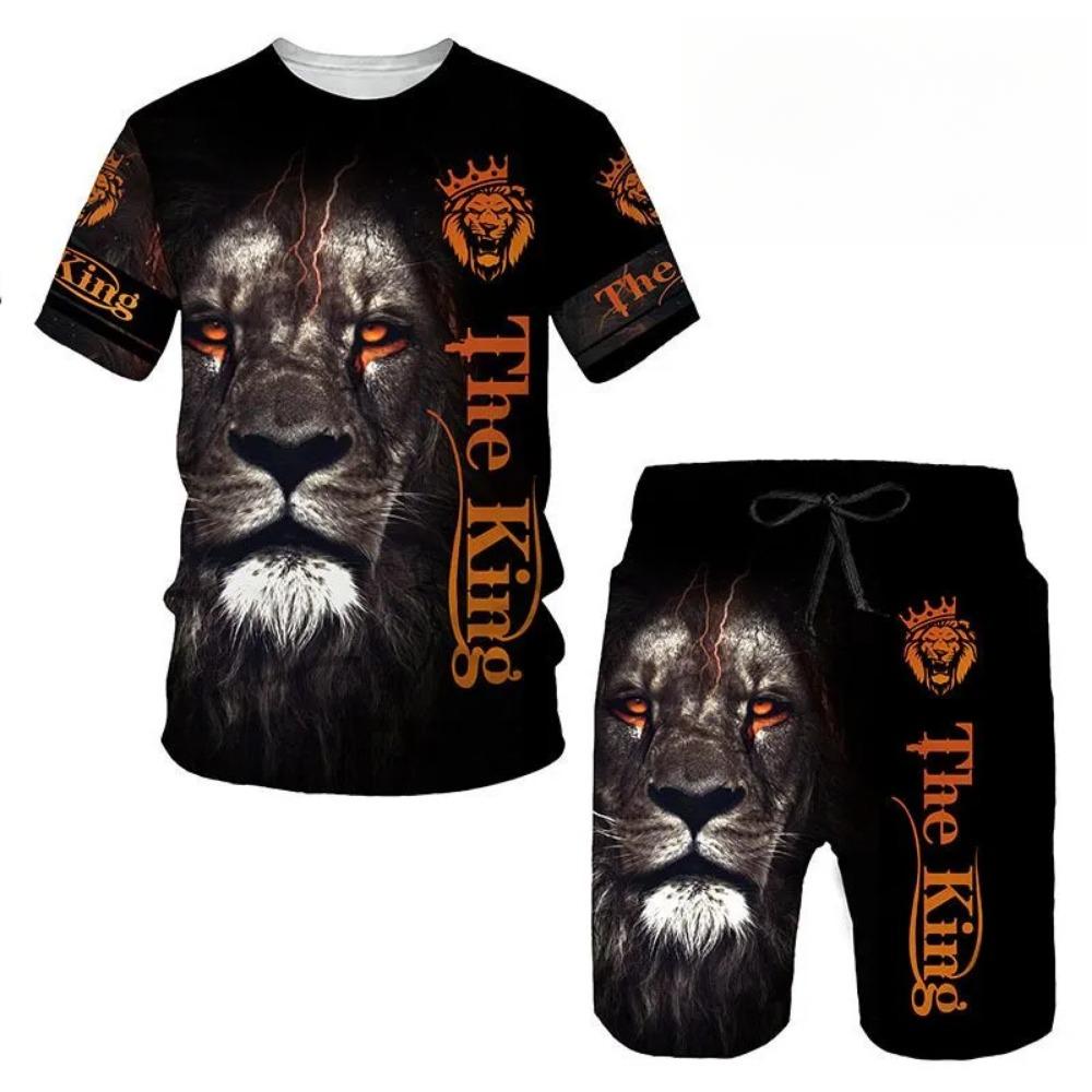 Summer Round Neck 3D Animal Printed Set Fashionable and Casual Short Sleeved Shorts Men's Sport Wear