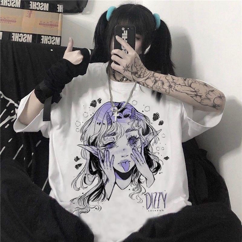 Women T-Shirt Cartoon Sweet Girls Oversized T Shirt Japanese Streetwear Harajuku Gothic Kawaii Casual Tops Short Sleeve Tshirt