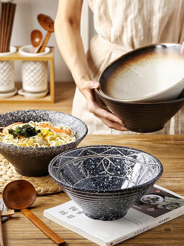 Japanese Ceramic Ramen Bowl Set: Large Retro Conical Hat Design Soup & Noodle Bowl with Plate