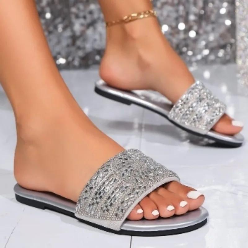 

Распродажа модной женской обуви 2024 года, современные женские тапочки, горячая распродажа, повседневные тапочки для женщин, круглый носок, низкий каблук, кристаллы, большие размеры, женская обувь 43