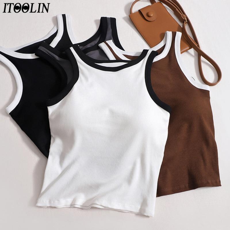 

ITOOLIN Хлопковые женские топы на бретелях с подкладкой для бюстгальтера Y2K, укороченные топы, вязаные топы с открытыми плечами для женщин, сексуальные универсальные камзолы с открытой спиной