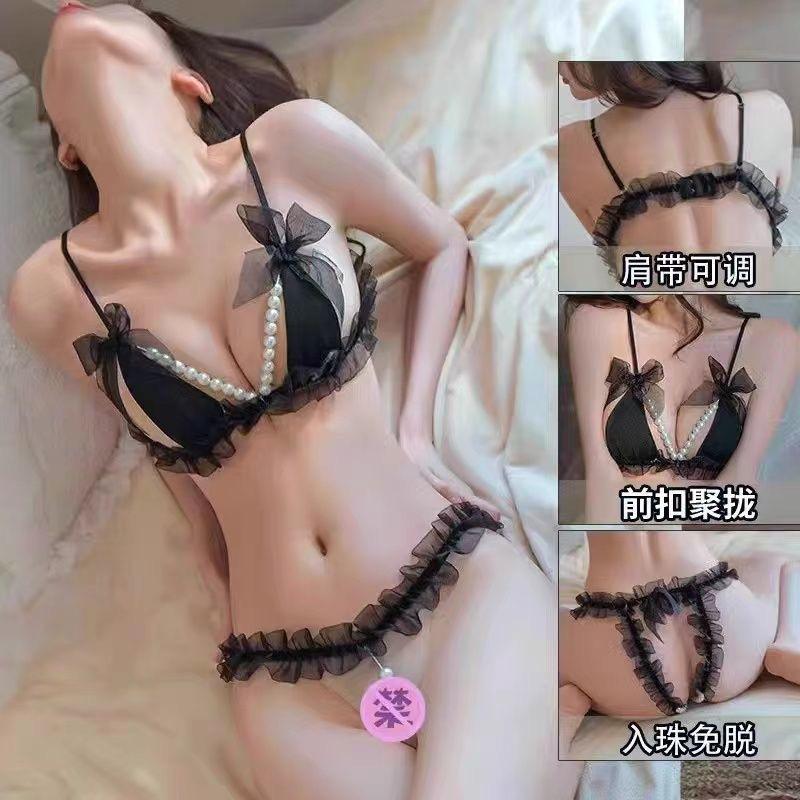 Sex underwear pure desire sexy three-point pearl massage uniform lace transparent temptation open passion suit