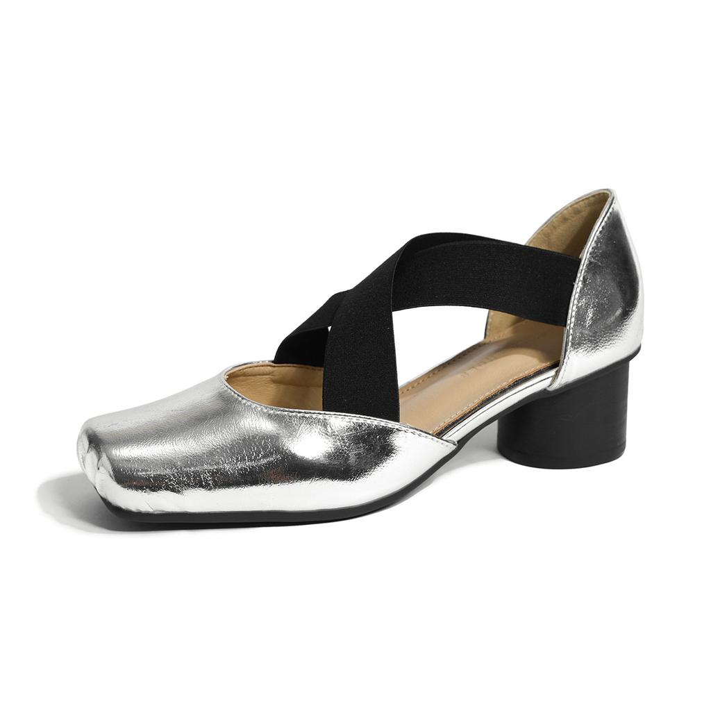 Leather ballet shoes hollow sandals women's summer wear retro style square head thick heel light mouth Mary Jane single shoes women