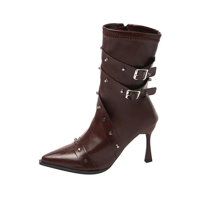 

Fall Winter Women Pointed Toe Stiletto Heel Rivet Belt Buckle Side Zipper Non-Slip High Heels 2026 New Booties 35 красный