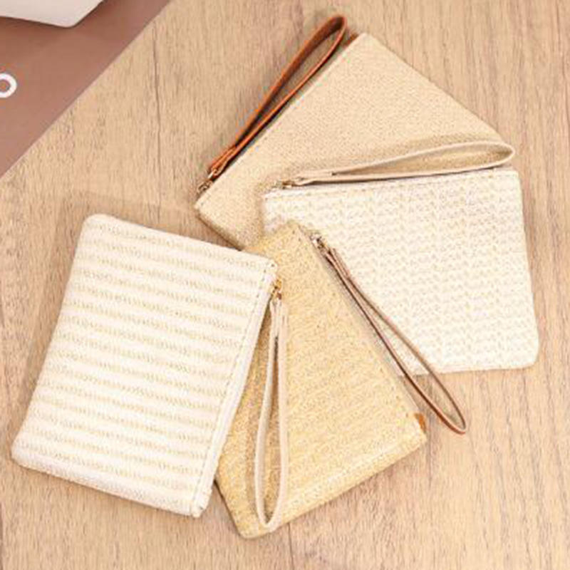 Women Girls Straw Clutch Purses Lightweight Summer Beach Mobile Phone Wallet Coin Change Pouch