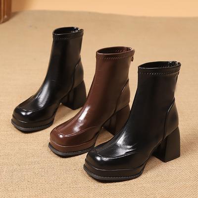 Kwadratowy nosek buty na wysokim obcasie krótkie buty damskie jesień i zima nowe cienkie buty damskie gruba podeszwa gruby obcas buty Martin małe botki