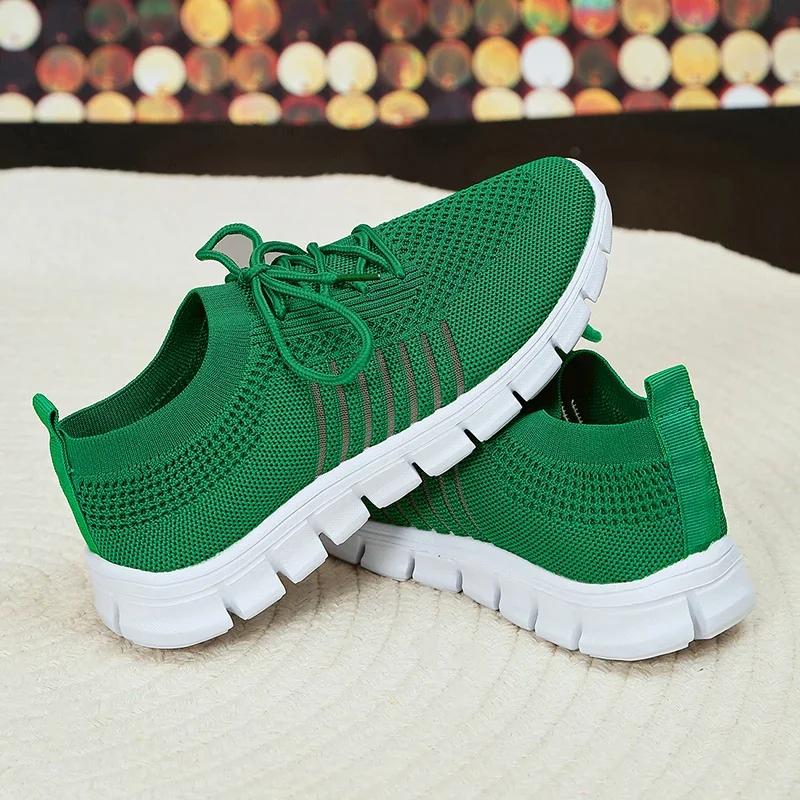Fashion Spring Summer Breathable Knitted Sneakers Womens Plus Size Soft Sole Flats Shoes Woman Comfort Lace Up Platform Sports Shoes