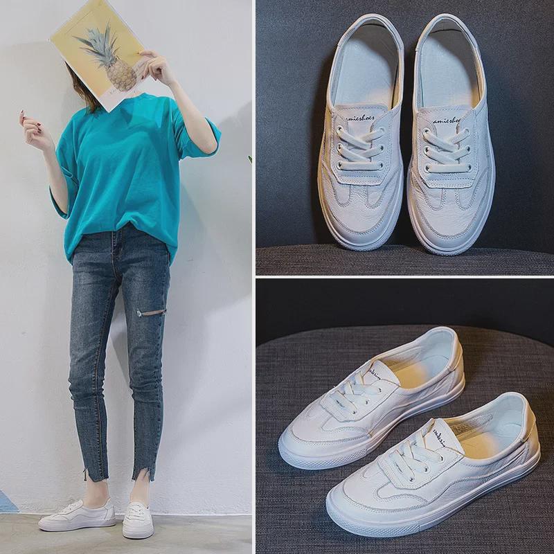 Women's Genuine Leather White Flats - 2025 Spring Korean Style, Versatile Breathable Shallow Mouth Shoes
