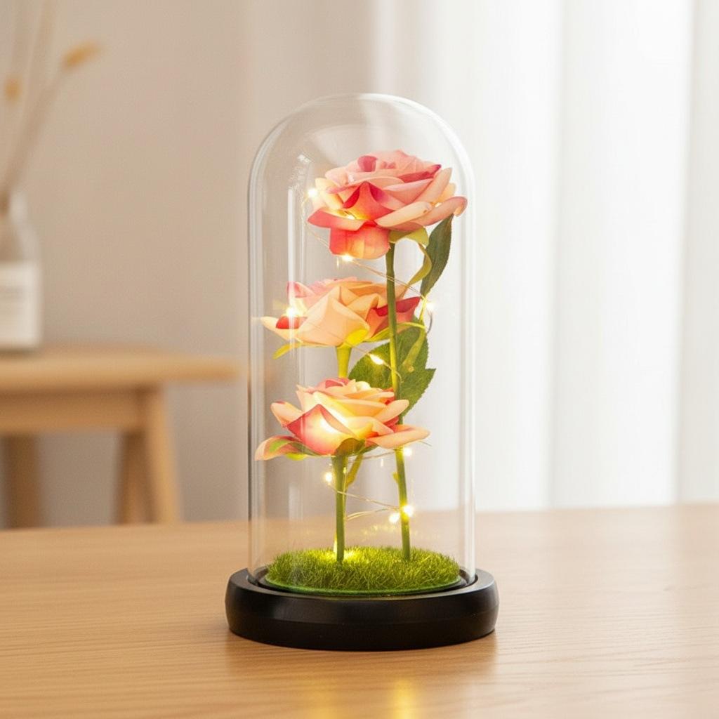 Simulation Eternal Flower Rose Bouquet Glass Cover Qixi Festival Valentine's Day Mother's Day Christmas Gift Box Finished Product