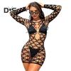 Women Beach Cover Up Round Neck Long Sleeve Hollow Design Fishnet Bikini Cover-up UV Protection Swimsuit Cover Up Dress