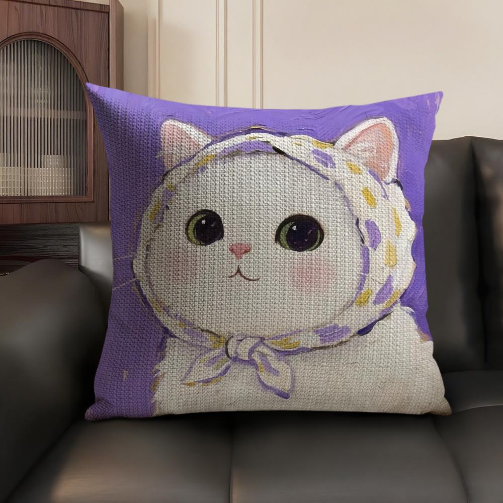 Art Cat Cute Cushion Cover Summer Breathable Linen Organic Fabric Double-Sided Printing Sofa Pillow Case Home Decor