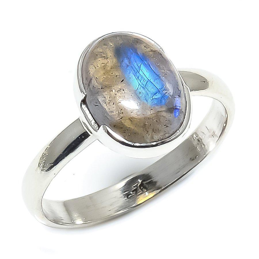 Natürlicher Labradorit Edelstein Handarbeit 925 Sterling Silber Ring Größe 8 A6s97