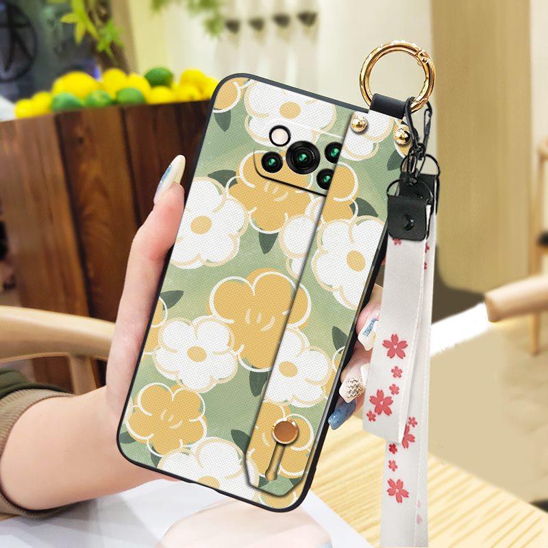 Anti-knock Protective Phone Case For Xiaomi Poco X3 NFC/X3 Pro Durable Oil Painting Phone Holder Wrist Strap Flower Ring