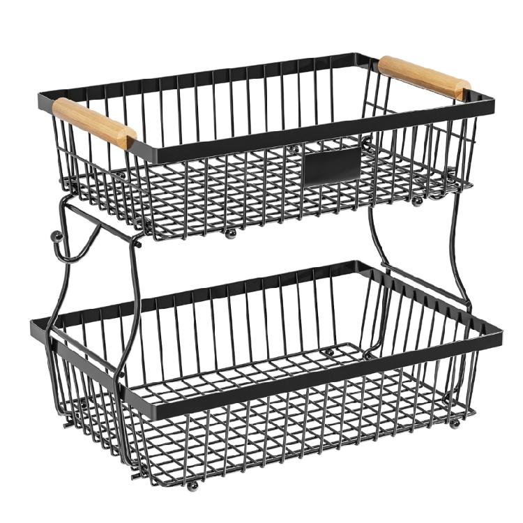 Space Saving Fruit Shelf with 2 Banana Hangers Metal Wire Basket for Bread Onions 2 Tiers Detachable Office Snacks Tray 1